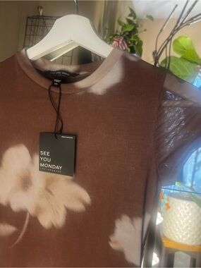 See You Monday Taupe Mesh Short-Sleeve Top